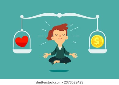 Businesswoman meditating under balance scale with symbol of heart and gold coin on each side. Work and life balance business concept.