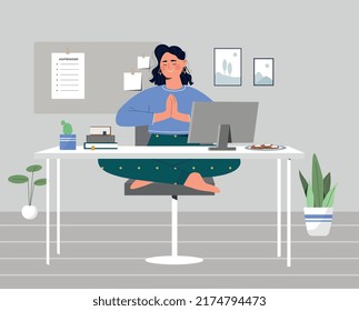 Businesswoman meditating at workplace. Woman sit in lotus position and works on laptop. Metaphor for calmness and concentration at work. Freelancer or remote employee. Cartoon flat vector illustration