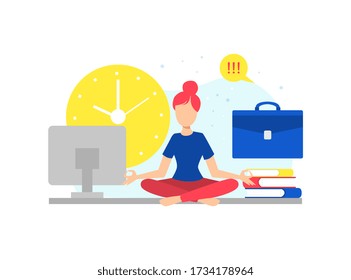 Businesswoman Meditating in Yoga Lotus Position to Calm Down Stressful Emotions in Office Vector Illustration