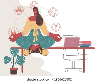 Businesswoman meditating in yoga lotus position on table, in office, solve problems, Vector design illustrations isolated on white background.