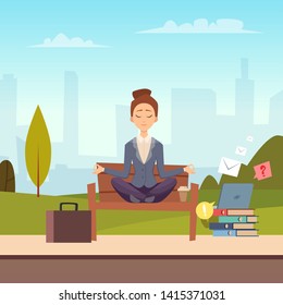 Businesswoman meditation in the city park vector illustration. Woman do yoga, business meditation in park
