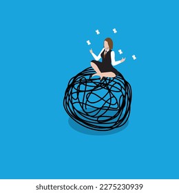 Businesswoman meditation sitting on tangled mind 3d isometric vector illustration concept for banner, website, landing page, ads, flyer template