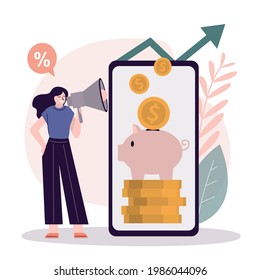 Businesswoman with megaphone recommends investing. Promoter advertises online investment. Marketing campaign concept. App for investing and saving money on smartphone screen. Flat vector illustration