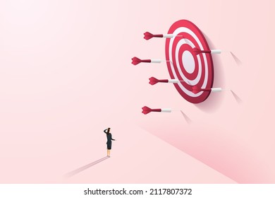 Businesswoman Missing The Target And Not Success. Woman Watching The Dart That Missed The Target On The Pink Wall. Isometric Vector Illustration.