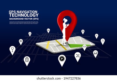 businesswoman with mobile phone and 3D GPS pin marker and map in mobile phone application. concept of location and facility place , GPS technology