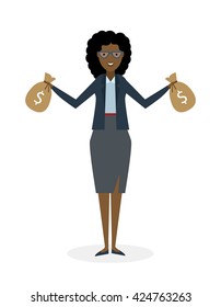 Businesswoman with money bags. Isolated character. African american businesswoman holding bags of money. Wealth and investment.