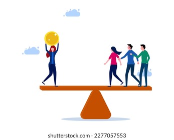 Businesswoman with money compared to many people. Work and financial status with superior to others