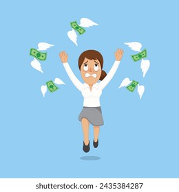 Businesswoman Money Flying Away. Flat, Poster, Vector, Illustration, Cartoon, EPS10.