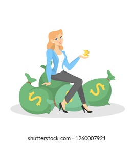 Businesswoman with money. Happy successfull woman sitting around bag with money banknotes. Financial well-being. Isolated vector illustration in cartoon style