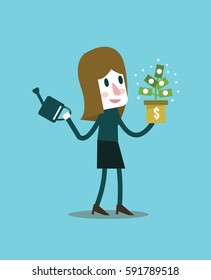 Businesswoman with money plant. income idea and concept. flat design elements. vector illustration