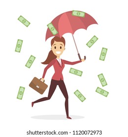 Businesswoman with money rain running with briefcase and umbrella.