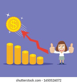 Businesswoman money success arrow up, illustration vector cartoon
