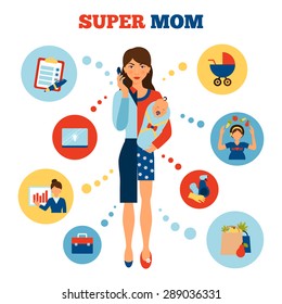 Businesswoman mother concept with flat woman divided in business and parent parts vector illustration