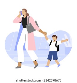 Businesswoman, Mother Walking Child To School Or Kindergarden Down The Street, Hurrying To Work To Office, Talking On The Phone, Office, Busy Multitasking Parent, Career And Parenting Concept, Vector