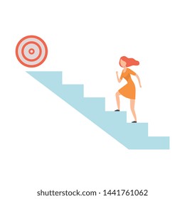 Businesswoman Moving Up Career Ladder to Goal, Business Career Development Vector Illustration