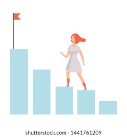 Businesswoman Moving Up to Her Goal on Column of Columns, Business Career Development Vector Illustration