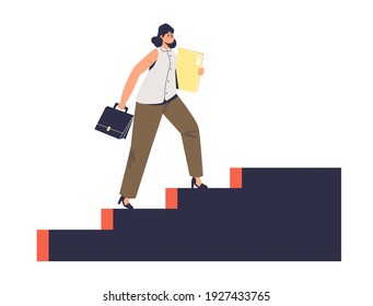 Businesswoman moving up on career ladder. Professional development and career growth concept with successful business woman growing up. Cartoon flat vector illustration