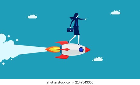 Businesswoman moving with rockets. new experience concept
