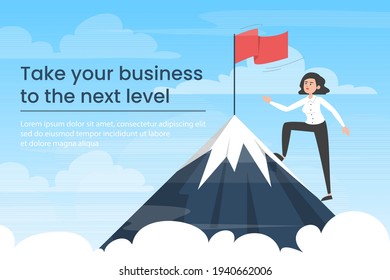 Businesswoman moving towards victory. Take your business to the next level banner. Vector illustration of woman in suit on top of the mountain with red flag as symbol of success and goal achievement.