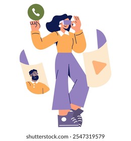 Concepto multitarea de mujer de negocios. Mujer en atuendo de oficina haciendo malabares con llamadas telefónicas y tareas de trabajo. Multitarea, gestión del tiempo y productividad en la vida corporativa. Ilustración vectorial.