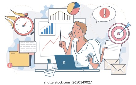 Businesswoman multitasking at desk with laptop, charts, target icon, stopwatch and documents, on white background, concept of stress and time management. Vector illustration
