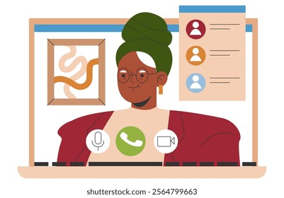 Businesswoman multitasking during a video call, managing client interactions and teamwork coordination. Efficient virtual office environment. Vector illustration.