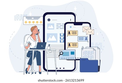 A businesswoman multitasking at her desk with a laptop, smartphone, documents, and large mobile interfaces on light abstract background. Concept of digital workload. Flat cartoon vector illustration
