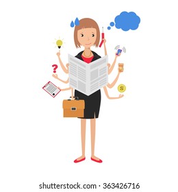 Businesswoman with multitasking and multi skill. Business concept. Flat design