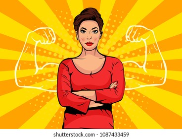 Businesswoman with muscles pop art retro style. Strong Businessman in comic style. Success concept vector illustration.