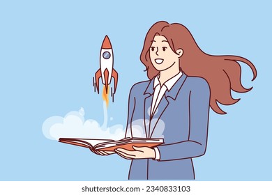 Businesswoman near rocket taking off from book symbolizing development of company or successful career in large corporation. Woman launches startup to develop space tourism and orbit tours