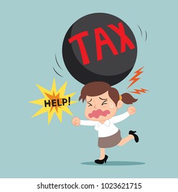 Businesswoman need help with tax weight on head, illustration vector cartoon