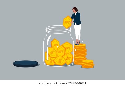 Businesswoman сollect NFT token into Huge Glass Jar. Woman make Savings. Online earnings in phone. Innovative technologies and development concept. 