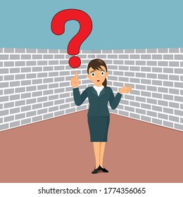 Businesswoman no idea with big question mark, illustration vector cartoon