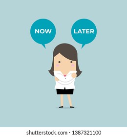 Businesswoman with now or later balloon text. Businesswoman select choice Now or Later