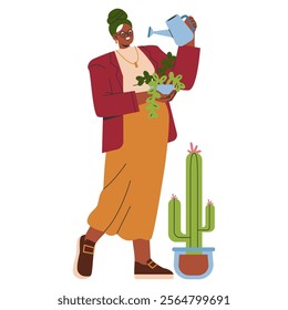 Businesswoman nurturing plants concept. A professional female waterings a potted plant, symbolizing growth. Indoor office greenery care. Vector illustration.