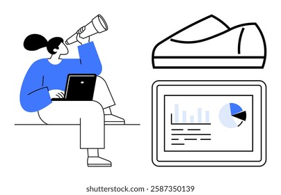 Businesswoman observing through a telescope while using a laptop, outlined shoe illustration, and data chart on tablet screen. Ideal for business strategy, market research, productivity, analytics