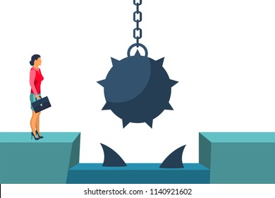 Businesswoman obstacle concept. Hurdle on way. Business risk. Overcoming obstacle on road with floating predatory sharks. Way to success. Vector illustration flat design. Barrier on way to success. 