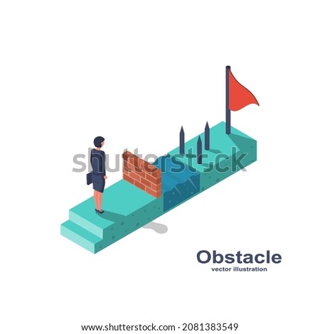Businesswoman obstacle metaphor. Conquering adversity. Hurdle on way concept. Overcoming obstacle on road. Vector illustration3d isometric design. Barrier on way to success. Flag to finish finish