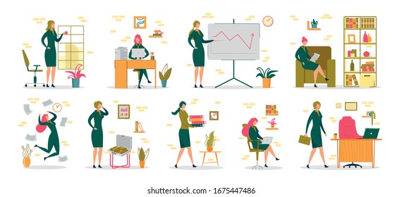 Businesswoman in Office Activity and Occupation Scenes Set. Professional Woman or Successful Female Entrepreneur Cartoon Character Working at Company Workplace. Flat Vector Illustration Isolated.