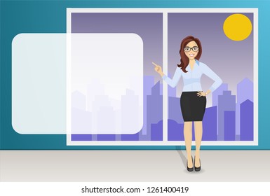 Businesswoman in office with blank free space for your text. Infographic concept.