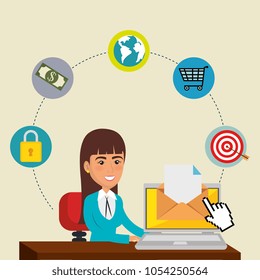 businesswoman in the office with e-mail marketing icons