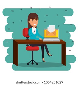 businesswoman in the office with e-mail marketing icons
