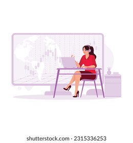 Businesswoman in office, laptop in front of her and headphones in ear, analyzing the graph of investment in the stock market. Trend Modern vector flat illustration.