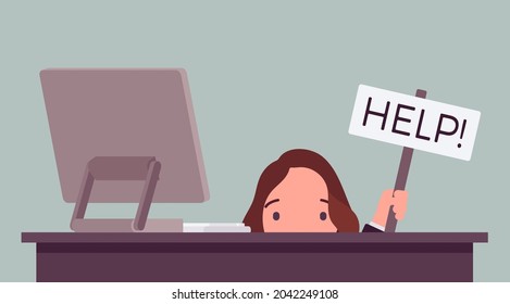 Businesswoman, Office Male Clerk Hiding Under Desk With Help Sign. Employee In Frustration, Upset, Seek For Computer Service, Hardware, Software And Data Install, Support, Repair. Vector Illustration