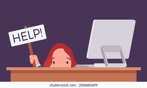 Businesswoman, office male clerk hiding under desk with help sign. Employee in frustration, upset, seek for computer service, hardware, software and data install, support, repair. Vector illustration