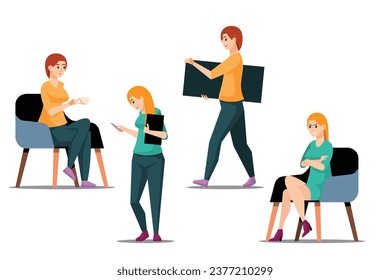 mujer de negocios en el cargo. Un conjunto de personajes: gente de negocios, reunión, entrenamiento, trabajo en equipo. Personal de oficina. Ilustración del vector