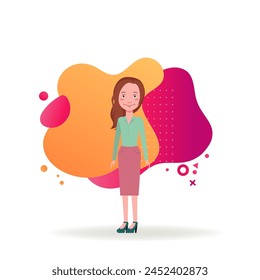 La mujer de negocios en la oficina usa Ilustración vectorial plana. Asistente personal sonriente en la oficina. Concepto de negocio, estilo de vida, oficina, secretaria para el diseño del Sitio web, Anuncio o página de aterrizaje