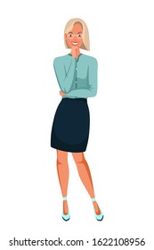 Businesswoman office worker cartoon character full length portrait. Young smiling woman in eyeglasses standing isolated on white. Employee, entrepreneur, manager. Vector flat illustration