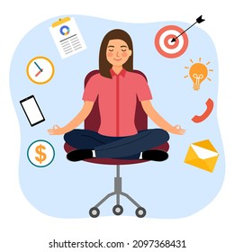 Businesswoman office worker doing yoga meditation in office. Work life balance. Work stress management concept.