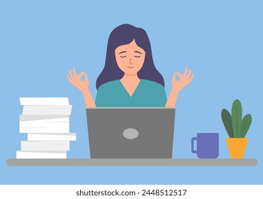 Büroangestellte von Geschäftsfrauen, die im Büro Yoga-Meditation betreiben. Arbeitsstress-Management-Konzept.